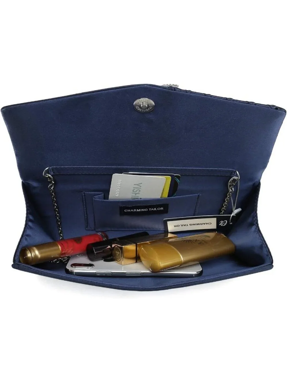 Women's Navy Blue Crystal Embellished Pleated Satin Clutch Purse For Evening Bag
